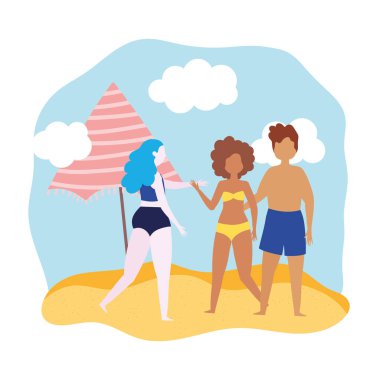 Yaz insanları aktiviteleri, kumsalda şemsiyesi olan çift ve kadın, deniz kıyısında dinlenme ve açık havada tatil yapma.