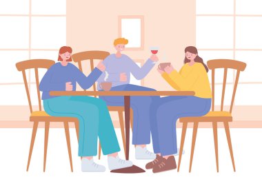 Restoran sosyal mesafesi, rehberlik görevlileri yemek masasında mesafeyi koruyor, covid 19 salgını, koronavirüs enfeksiyonunu önlüyor.
