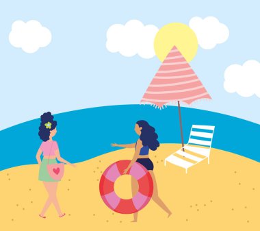 Yaz insanları aktiviteleri, şezlonglu ve şemsiyeli genç kadınlar, deniz kıyısında dinlenme ve açık havada tatil yapma.