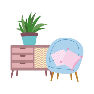 Mobilya üzerine ev içi sandalye saksı bitkisi izole tasarım ikonu beyaz arkaplan