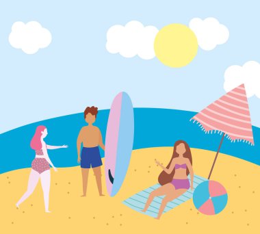 Yaz insanları aktiviteleri, top sörf tahtası olan erkekler ve kızlar, deniz kıyısında dinlenme ve açık havada tatil yapma.