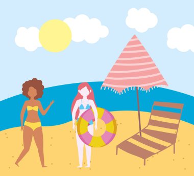 Yaz insanları aktiviteleri, şezlonglu kızlar ve şemsiyeli plaj, deniz kıyısı dinlendirici ve açık hava gösterisi.