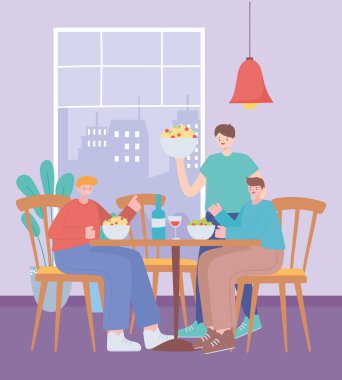 Restoran sosyal mesafesi, insanlar uzak bir yiyecek dükkanında oturuyor, covid 19 salgını, koronavirüs enfeksiyonunun önlenmesi.