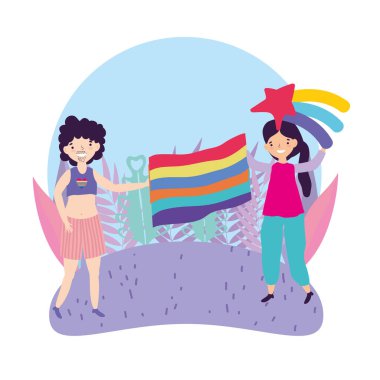 Gurur geçidi lgbt topluluğu, gökkuşağı ve bayrak taşıyan kadın ve erkek karakterler