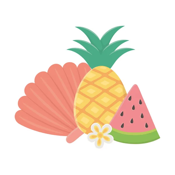 Voyage d'été et vacances tranche d'ananas pastèque et coquille — Image vectorielle