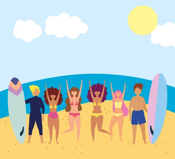 Actividades de verano con trajes de baño y tabla de surf, playa relajante y realizar actividades de ocio al aire libre — Archivo Imágenes Vectoriales