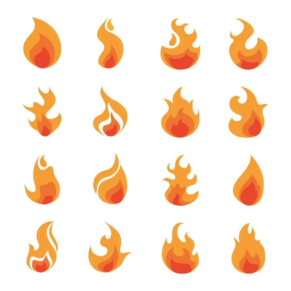Fuego llama quema brillo caliente diseño plano iconos conjunto — Archivo Imágenes Vectoriales