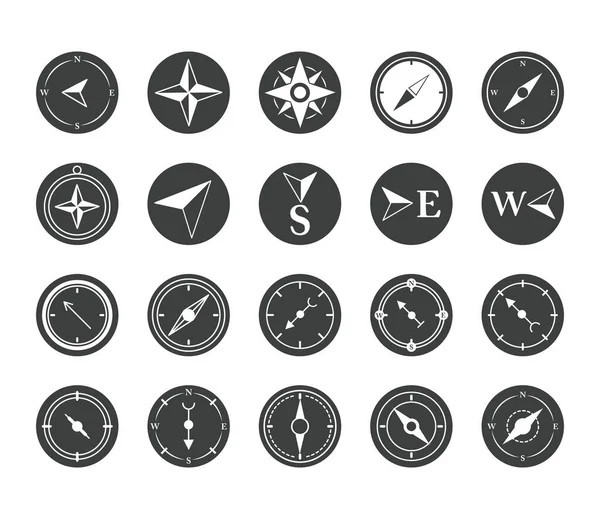 Compass rose navigation cartography travel explore equipment icons set silhouette design icon — Stock Vector