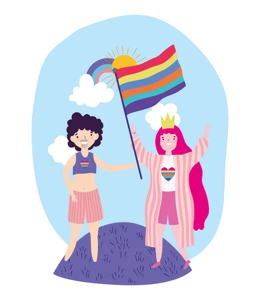 Orgoglio sfilata comunità lgbt, donna con corona e bandiera, uomo transgender — Vettoriale Stock