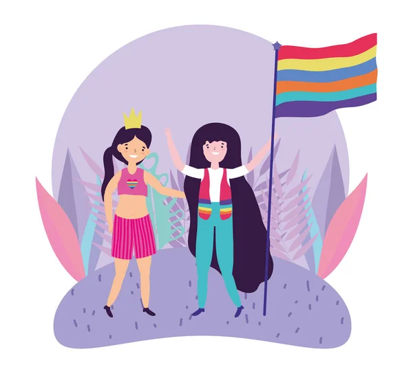 Orgoglio sfilata comunità lgbt, ragazze divertenti con corona e bandiera arcobaleno — Vettoriale Stock