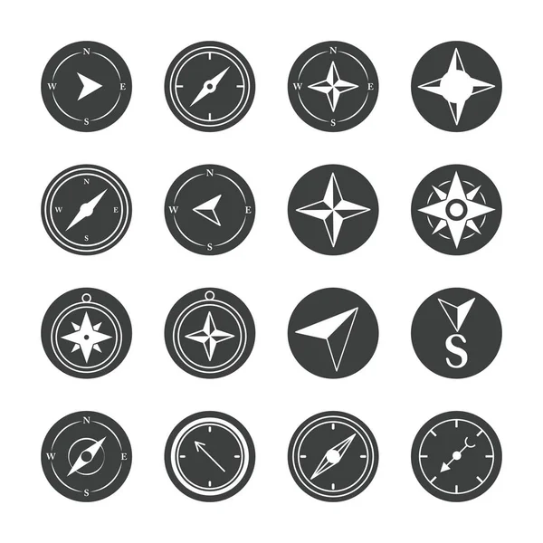 Compasso rosa navigazione cartografia viaggio esplorare attrezzature icone set silhouette design icona — Vettoriale Stock