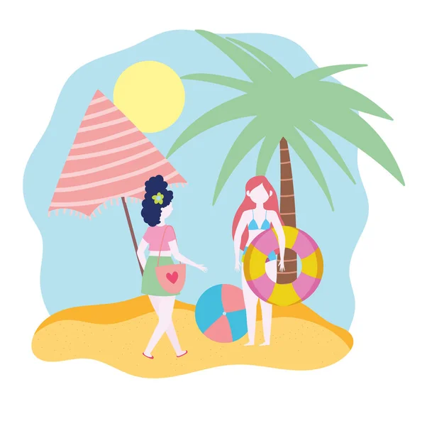 Καλοκαιρινές δραστηριότητες άνθρωποι, γυναίκα και κορίτσι με ομπρέλα μπάλα και επιπλέουν, παραλία χαλάρωση και την εκτέλεση υπαίθριες δραστηριότητες αναψυχής — Διανυσματικό Αρχείο