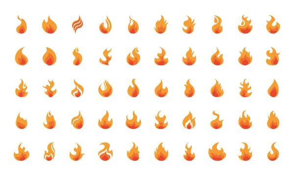 Požární plamen hoří horká záře ploché designové ikony nastavit — Stockový vektor