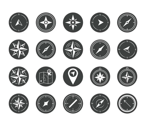 Kompas roos navigatie cartografie reizen verkennen apparatuur pictogrammen set silhouet ontwerp pictogram — Stockvector