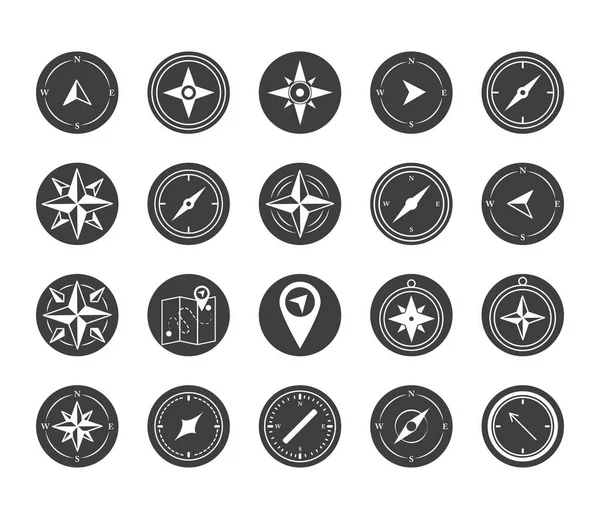 Compass rose navigation cartography travel explore equipment icons set silhouette design icon — Stock Vector