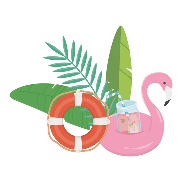 Sommar resor och semester flyta flamingo livboj juice och tropiska blad — Stock vektor