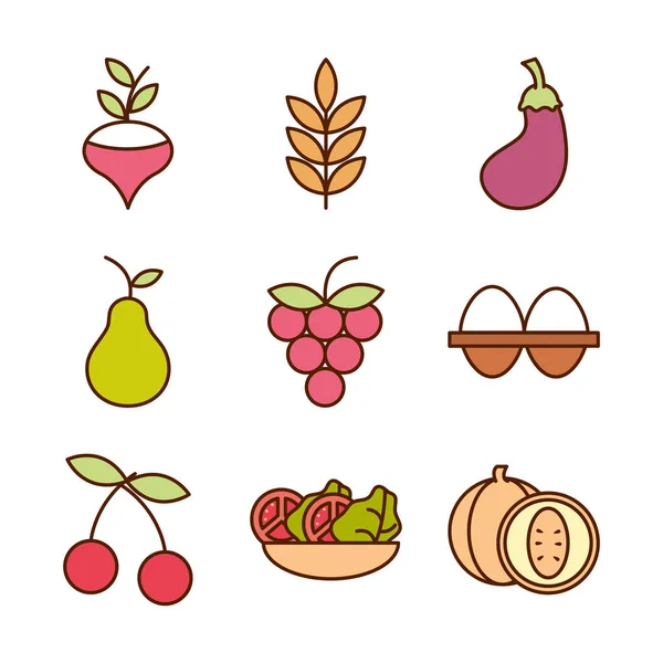 Alimentos saudáveis frutas frescas legumes e produtos de ingredientes proteicos ícones definir linha e ícone de estilo de preenchimento — Vetor de Stock