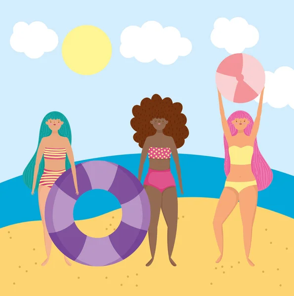 Yaz insanları aktiviteleri, şamandıralı ve balolu kadınlar, deniz kıyısında dinlenme ve açık havada tatil yapma. — Stok Vektör