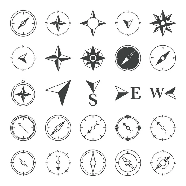 Compass rose navigation cartography travel explore equipment icons set line design icon — Stock Vector