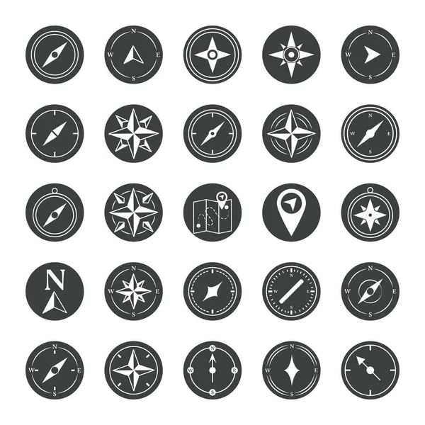 Compass rose navigation cartography travel explore equipment icons set silhouette design icon — Stock Vector