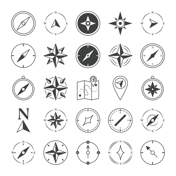 Compass rose navigation cartography travel explore equipment icons set line design icon — Stock Vector