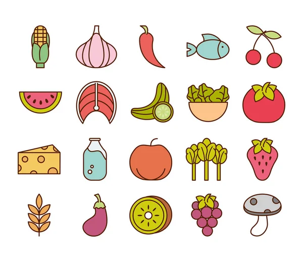 Alimentos saludables frutas frescas verduras y productos de ingredientes proteicos iconos establecer línea e icono de estilo de relleno — Archivo Imágenes Vectoriales