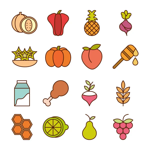 Healthy food fresh fruits vegetables and protein ingredient products icons set line and fill style icon — Stock Vector