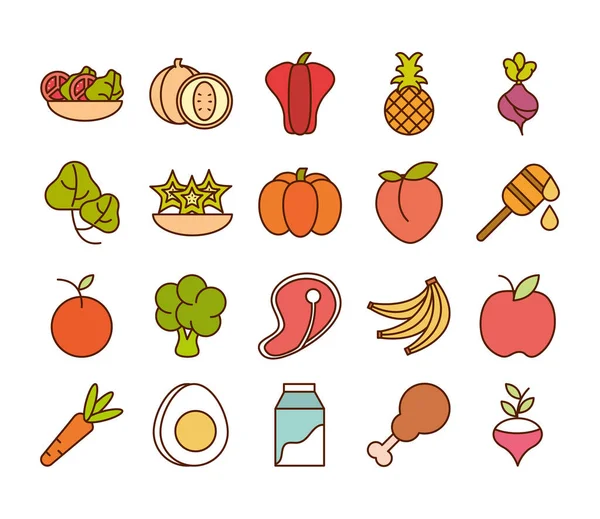 Buah-buahan segar makanan sehat sayuran dan produk bahan protein ikon menetapkan baris dan mengisi ikon gaya - Stok Vektor