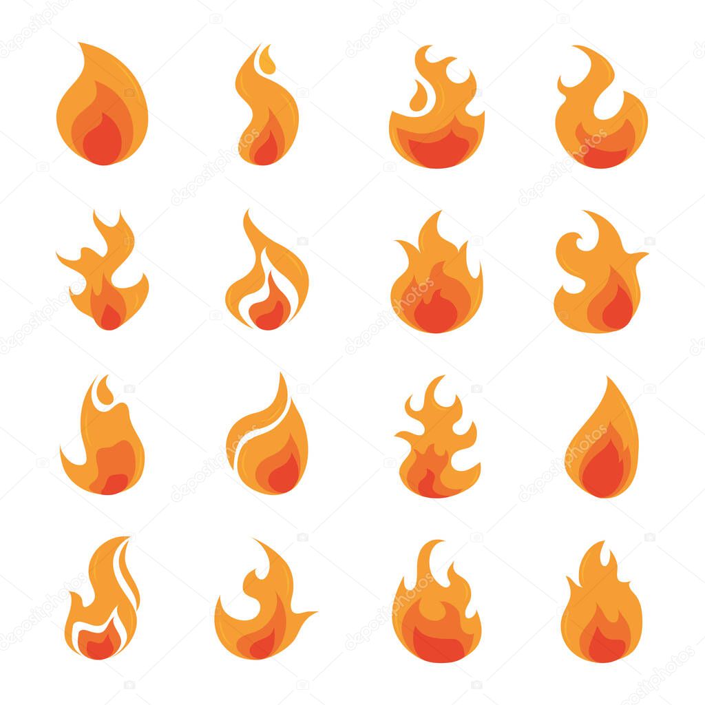 fire flame burning hot glow flat design icons set