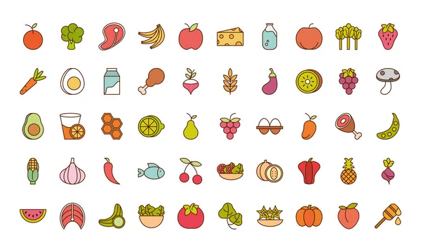 Hälsosam mat färska frukter grönsaker och protein ingrediens produkter ikoner ställa linje och fylla stil ikon — Stock vektor