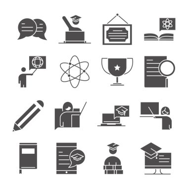 Okul eğitimini öğretin. Bilgi ve eğitim simgeleri belirleyin. Siluet biçimi simgesi belirleyin.