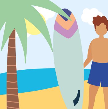 Yaz insanları aktiviteleri, sahilde sörf tahtası tutan genç bir adam, deniz kıyısında dinlenme ve dışarıda boş vakit geçirme.