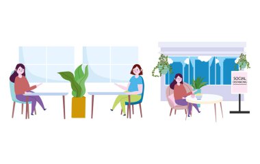 Restoran sosyal mesafesi, kadınlar gıda dükkanında fiziksel mesafeyi koruyor, enfeksiyon riskini ve hastalıkları önlüyor, covid 19 coronavirüs