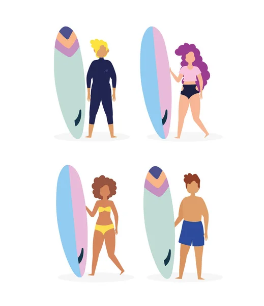 수영복을 입은 사람들 이 서핑 보드 만화 캐릭터를 가지고 있다. — 스톡 벡터