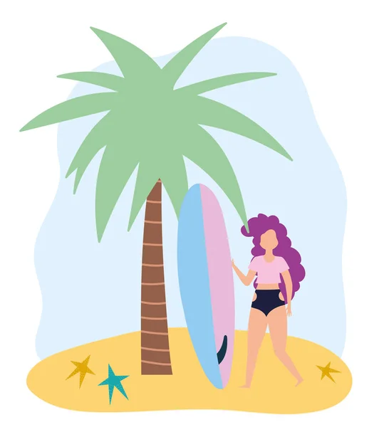 Летние развлечения для людей, веселая девушка с доской для серфинга, отдых на берегу моря и проведение досуга на открытом воздухе — стоковый вектор