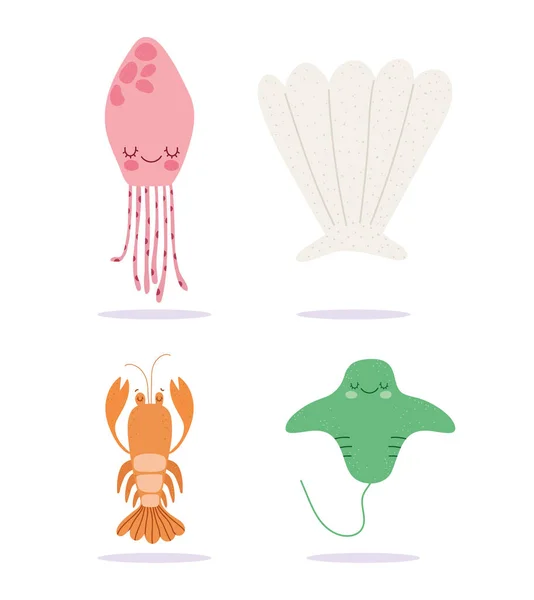 Bajo el mar, langosta stingray medusas amplia vida marina paisaje de dibujos animados — Archivo Imágenes Vectoriales