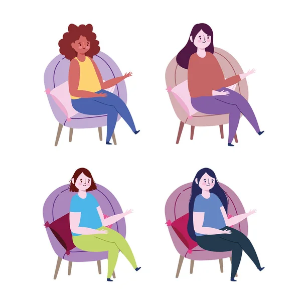 Vrouwen personages zitten op stoelen met kussens cartoon — Stockvector