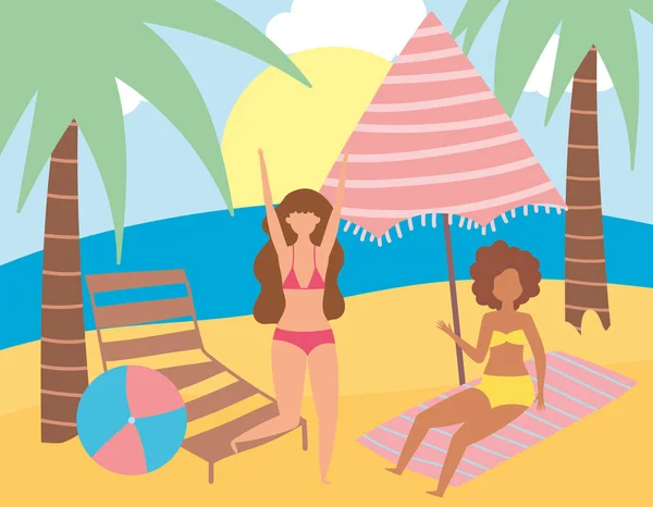 Yaz insanları aktiviteleri, güverte sandalyesi ve kumsalda havlusu olan genç kadınlar, deniz kıyısında dinlenme ve açık havada tatil yapma. — Stok Vektör