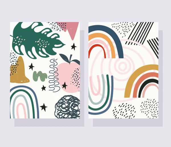 Mão desenhada contemporânea, moda impressão colagem cor folhas banners decorativos —  Vetores de Stock
