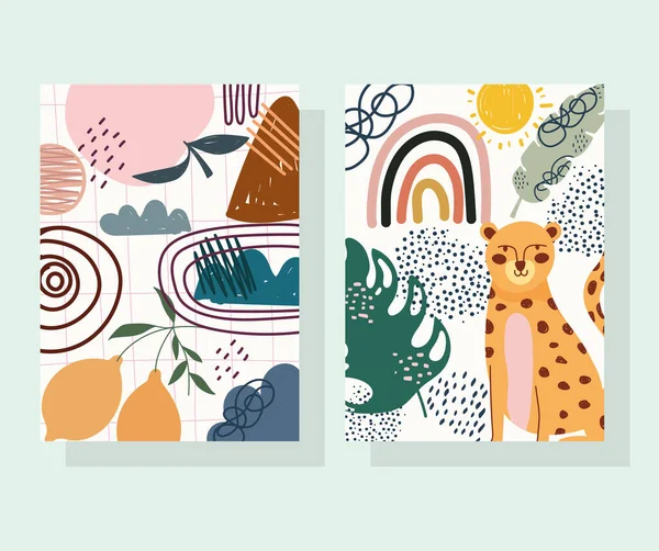 Handgetekende eigentijdse, luipaard trendy print collage kleurenbanners — Stockvector