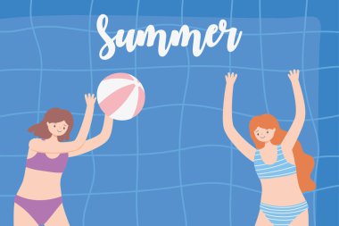 Kızlarla yaz havuzu ve şişirilebilir top oynamak.