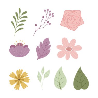 Çiçekler yeşillik yeşillik ikonlarını dizer