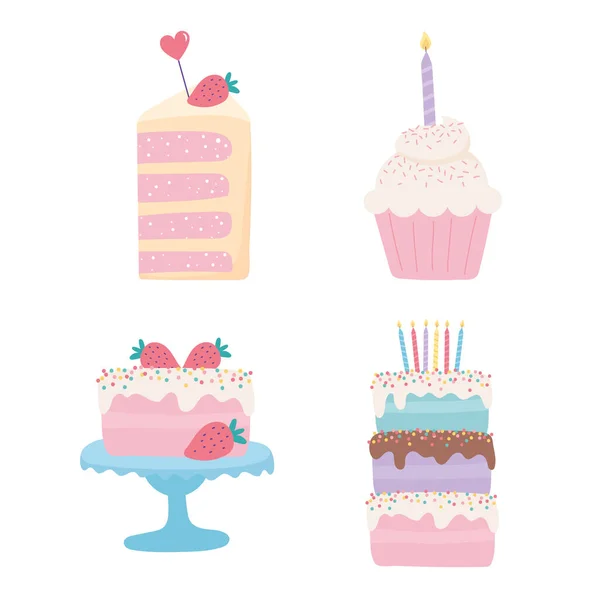 Feliz aniversário, bolos doces cupcake frutas velas decoração festa ícones festivos conjunto —  Vetores de Stock