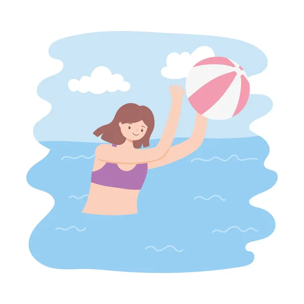Kızlarla yaz havuzu ve şişirilebilir top oynamak. — Stok Vektör