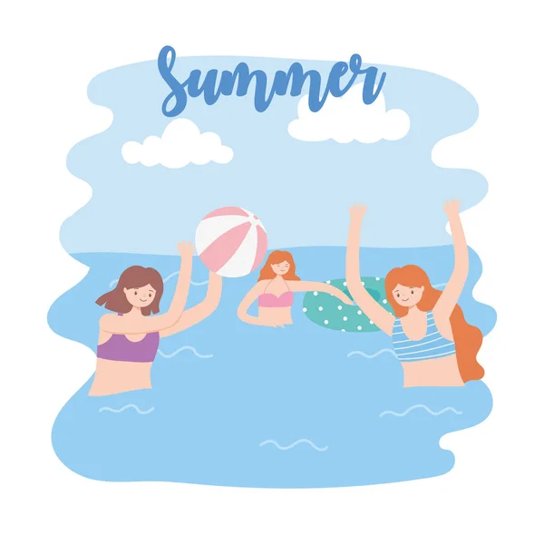 Letní bazén s dívkami a nafukovací, hrát míč — Stockový vektor