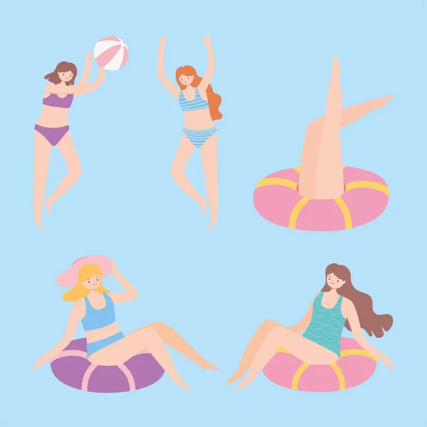 Personas vestidas con trajes de baño en la piscina, actividades acuáticas de verano — Archivo Imágenes Vectoriales