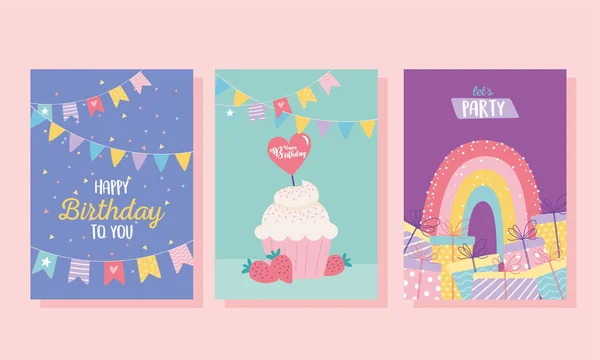 Happy birthday, cupcake gifts rainbow decoration celebration greeting card and party invitation templates — Stockový vektor