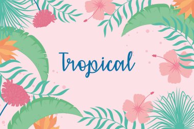 Tropik yapraklar egzotik çiçekler, engelli palmiye yaprağı harfleri.