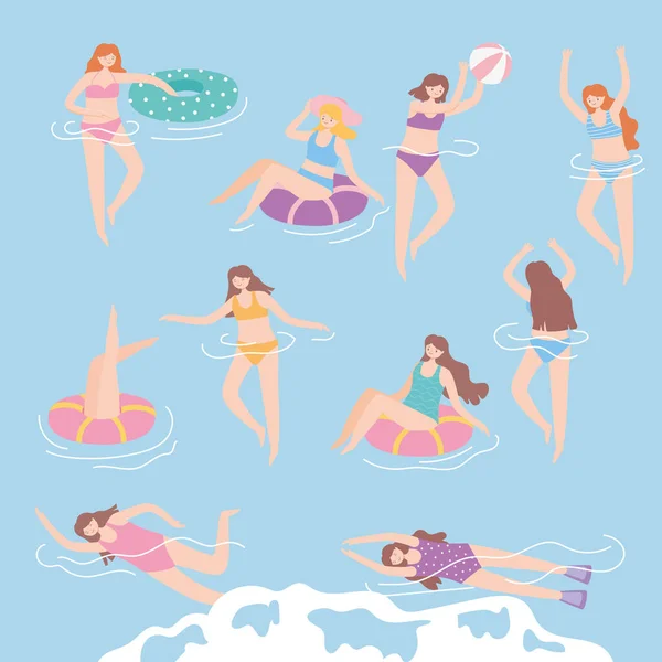 Люди, одягнені в купальний одяг у басейні, літня водна діяльність — стоковий вектор