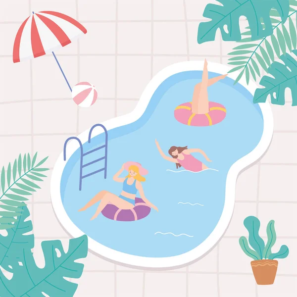 Junge Leute im Urlaub im Pool spielen und schwimmen — Stockvektor